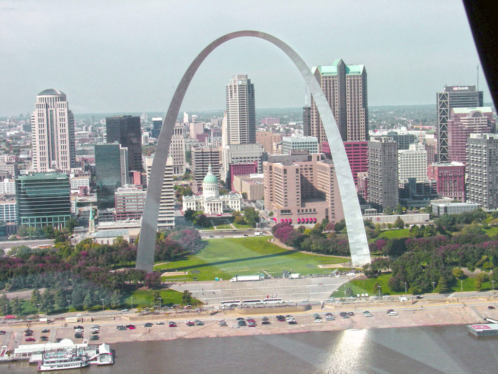 Helicopter aerial tour above St. Louis, Missouri, USA